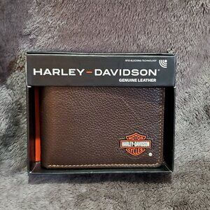 Harley Davidson Men's Wallet Bi-fold 100% Cow Leather Logo Brown